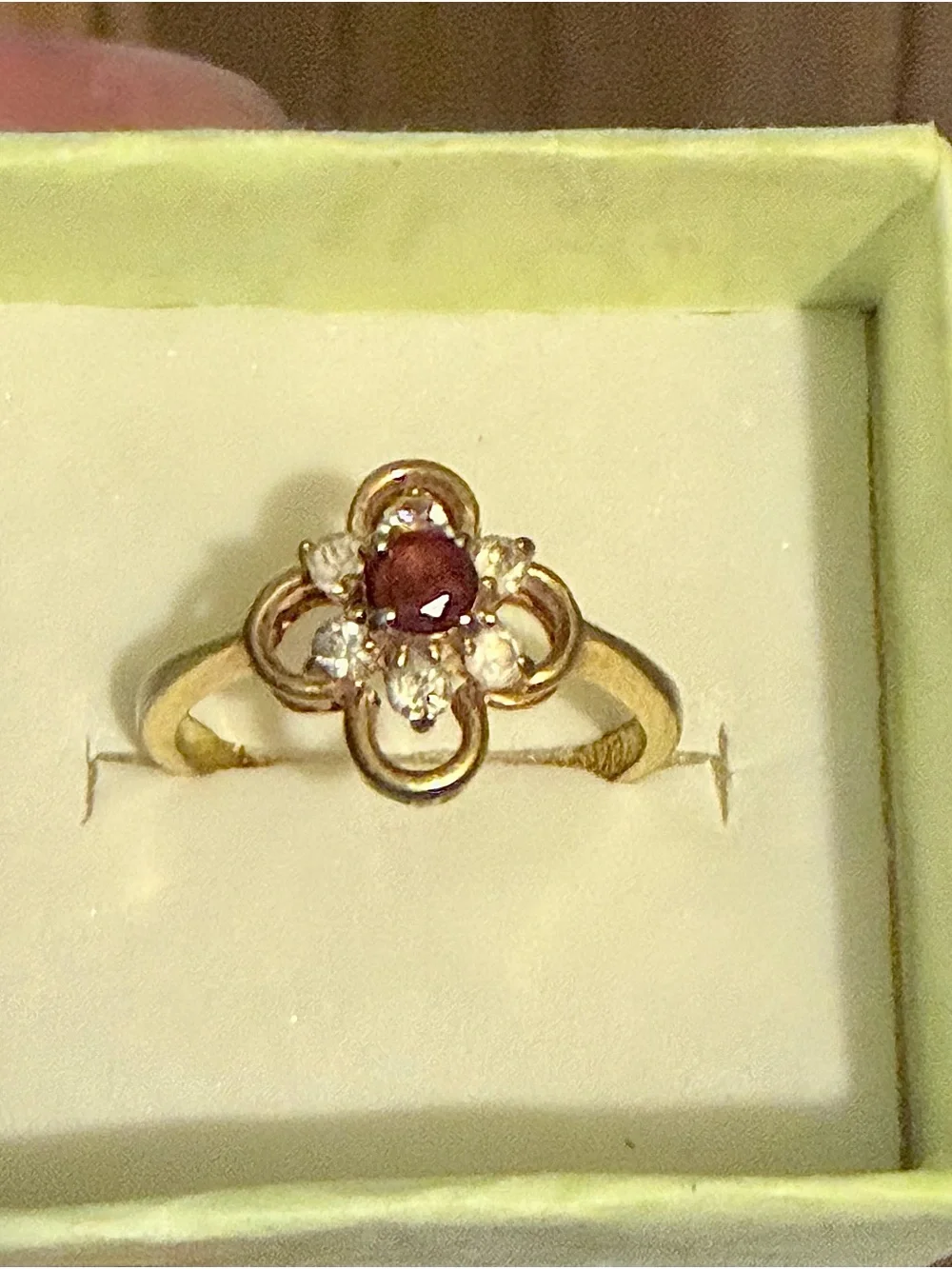 Gold Floral Diamond Ring with Red Ruby Center Stone
